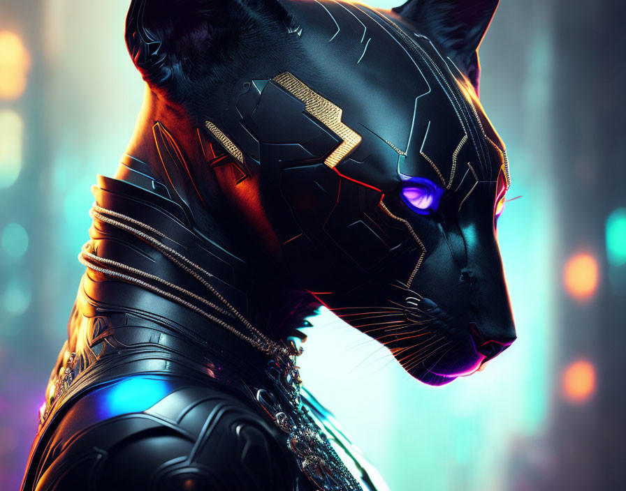 Detailed Digital Artwork: Humanoid Black Panther in Tech Armor with Glowing Purple Eyes