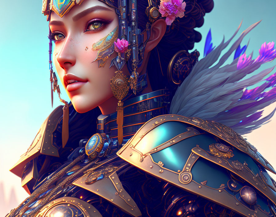 Digitally created female warrior in blue armor with mechanical and feather details against a soft sky.