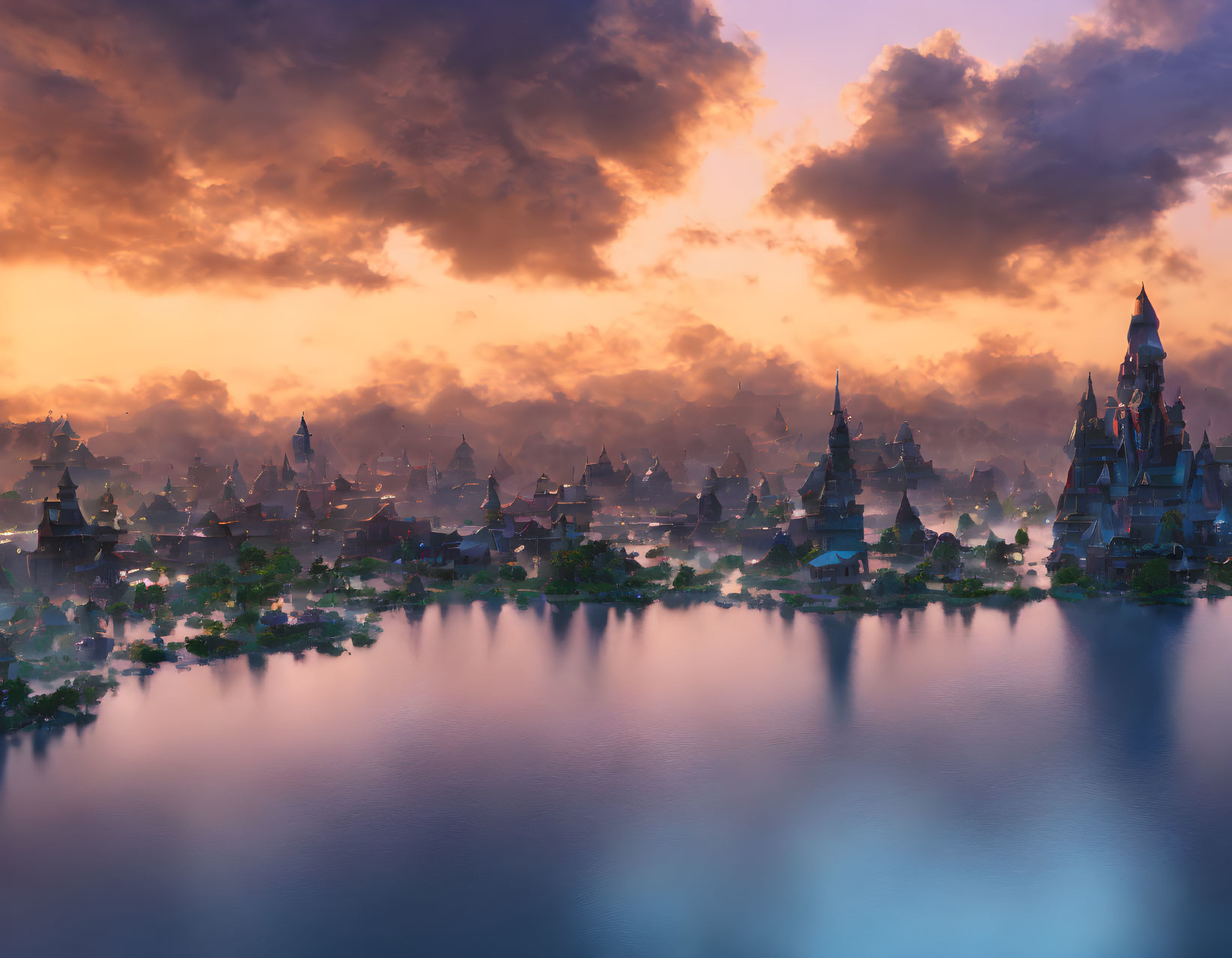 Fantasy landscape with spire-topped buildings reflected in tranquil lake at sunrise