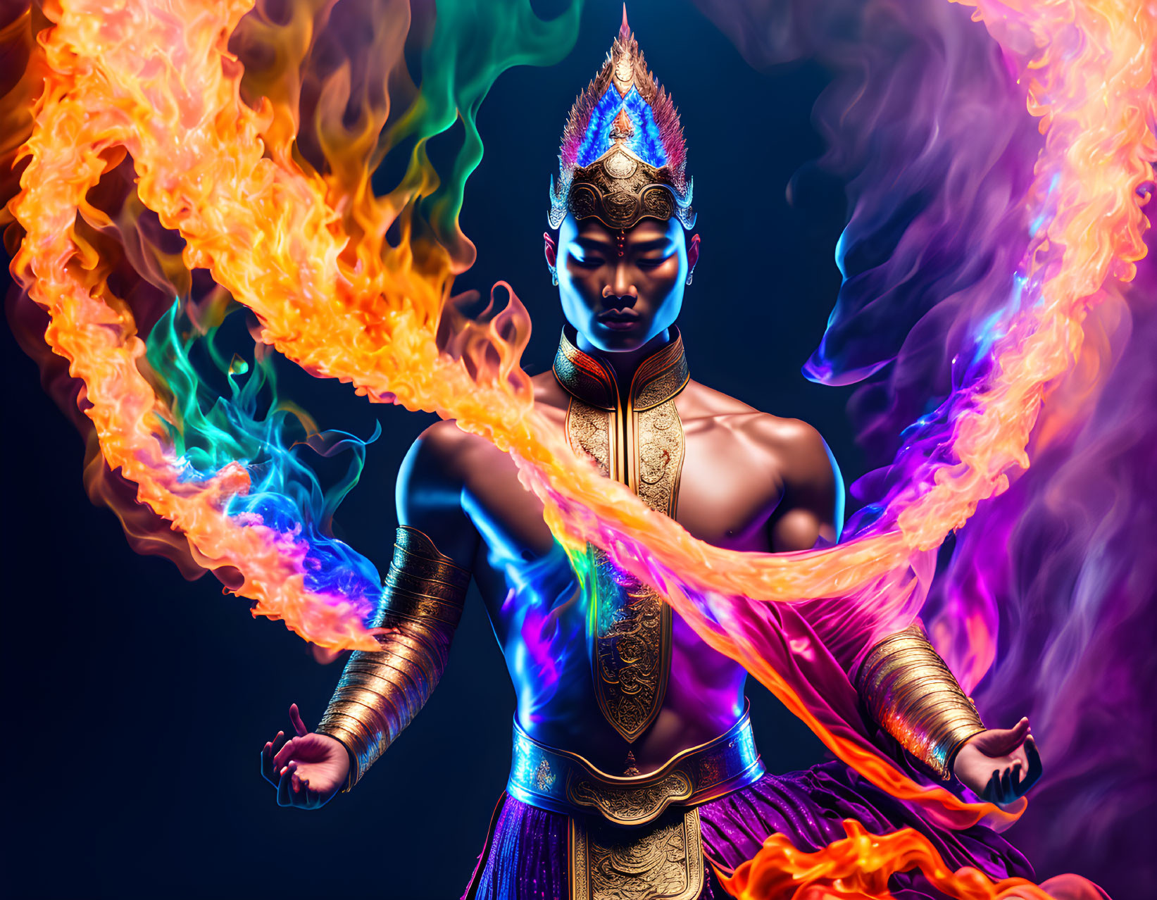 Traditional Attire Figure with Swirling Flames in Dark Background