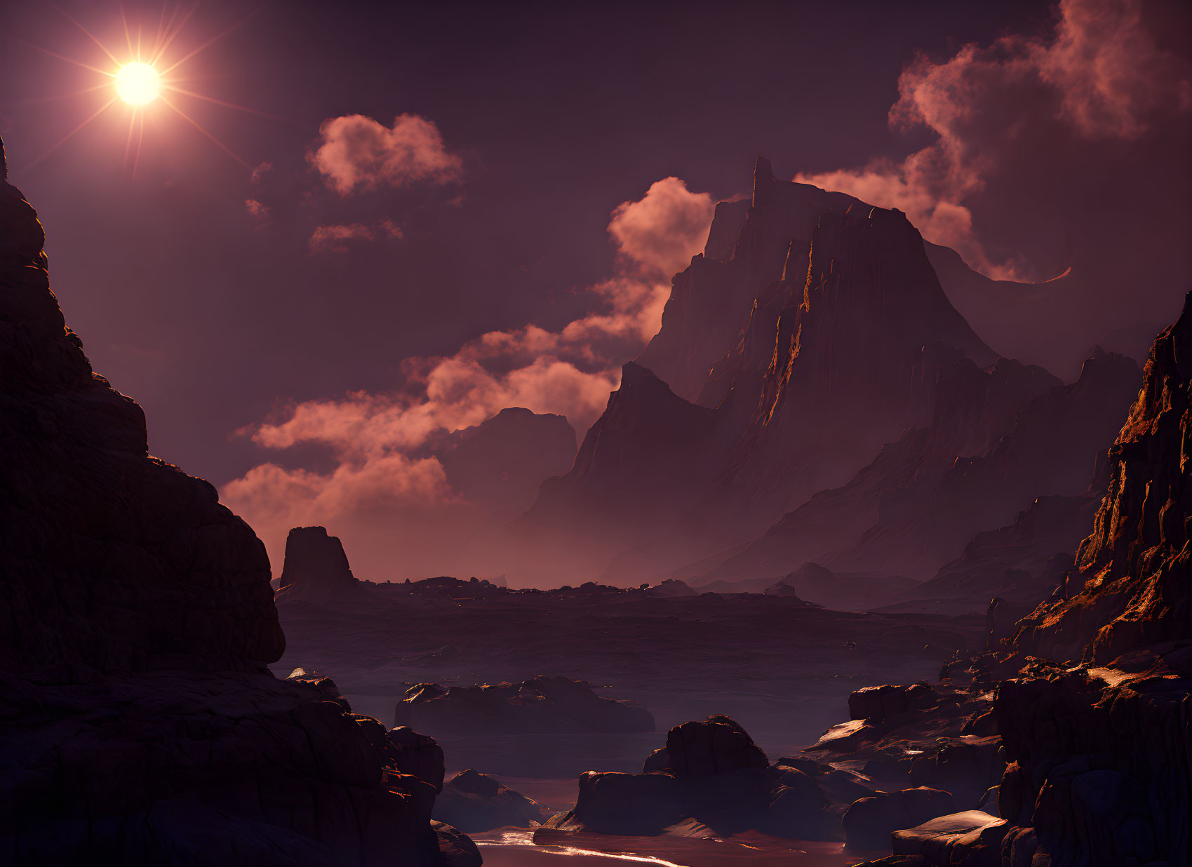 Alien landscape with towering mountains and bright sun