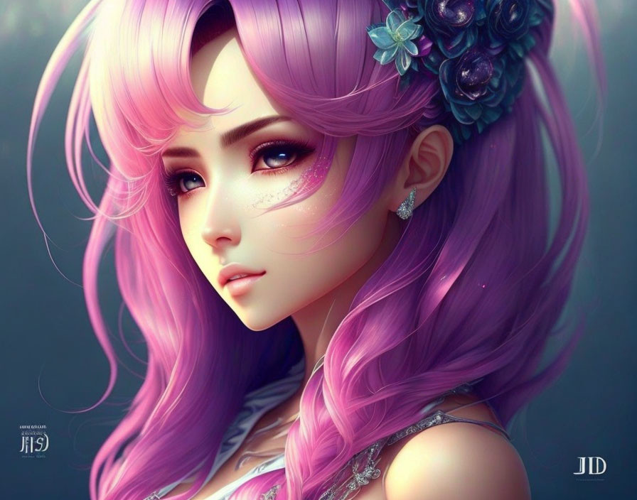 Illustrated female character with long wavy pink hair and intricate blue floral accessories.