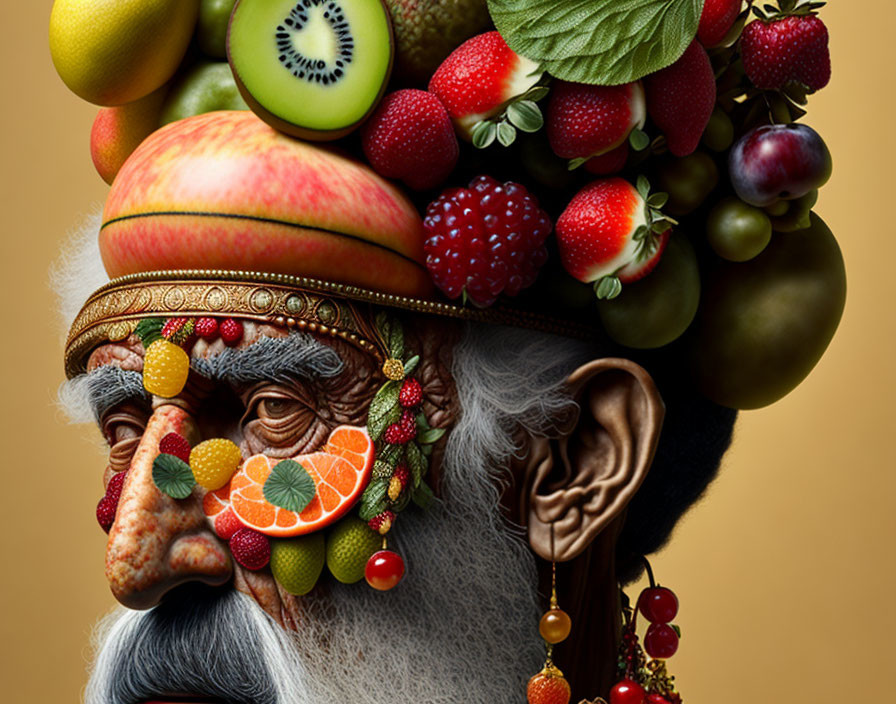 Elderly man with fruit headband on gold background