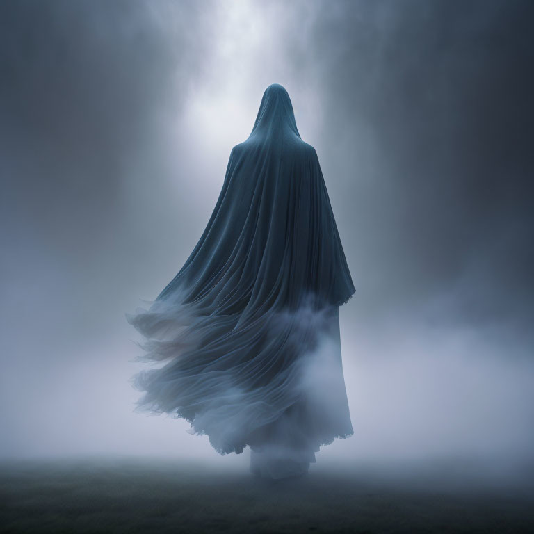 Ethereal spectral figure in flowing shroud under brooding sky