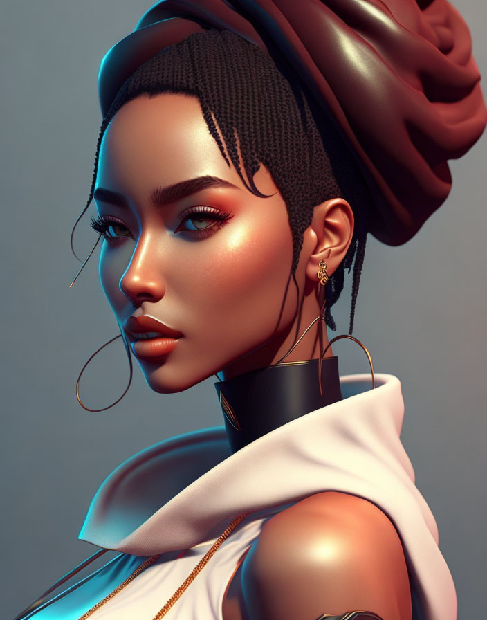 Stylish digital artwork of woman with headwrap & bold makeup