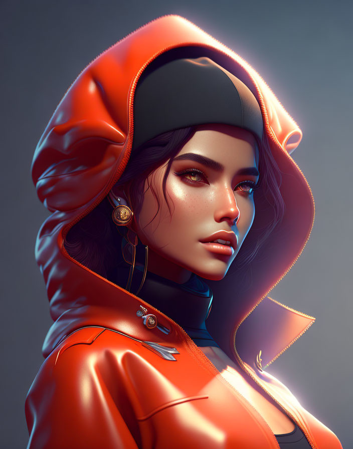 Digital artwork: Woman in red glossy jacket with hood and cap against moody backdrop