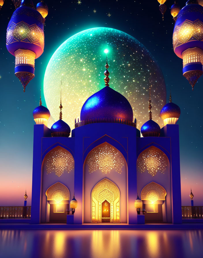 Majestic mosque under starry night with crescent moon and lanterns