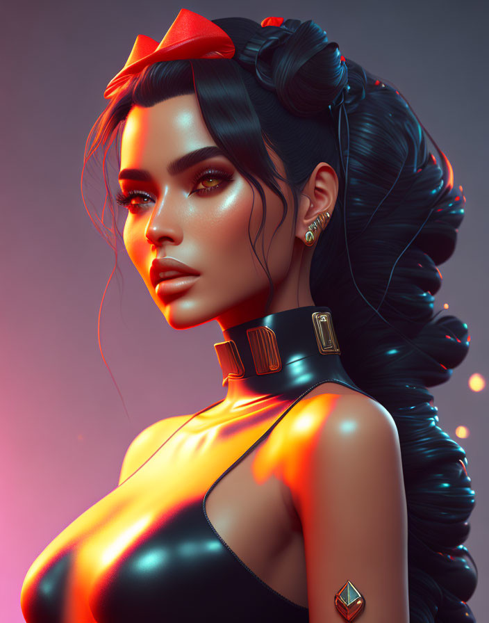 Stylized 3D illustration of woman with high ponytail and red bow