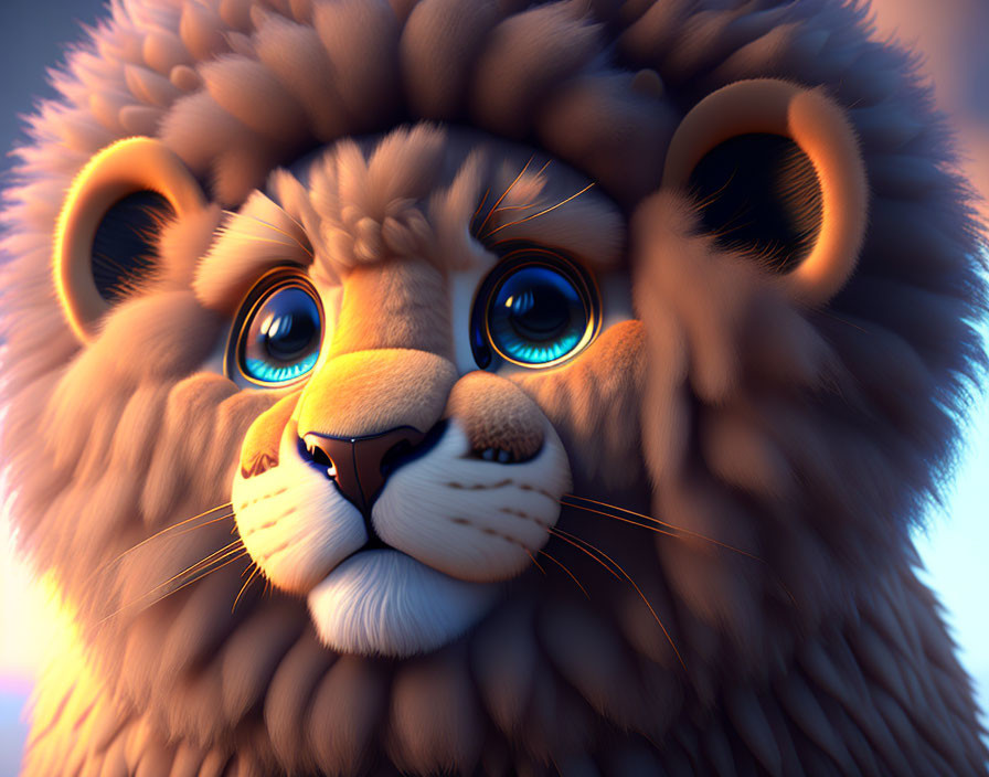 Stylized 3D-animated lion with fluffy mane and expressive blue eyes