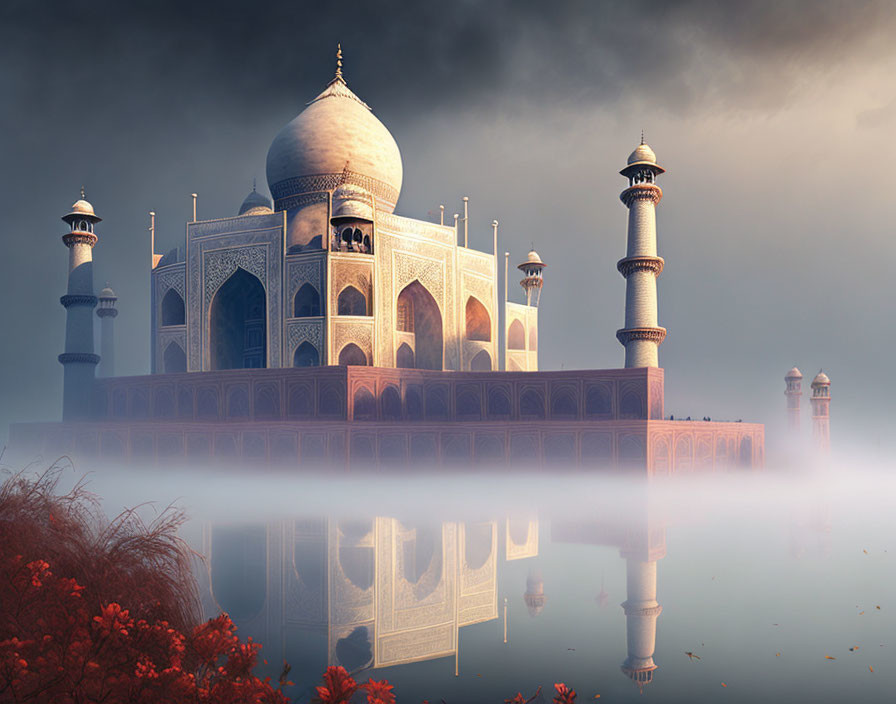 Iconic Taj Mahal in mist with reflection, surreal sky, serene setting