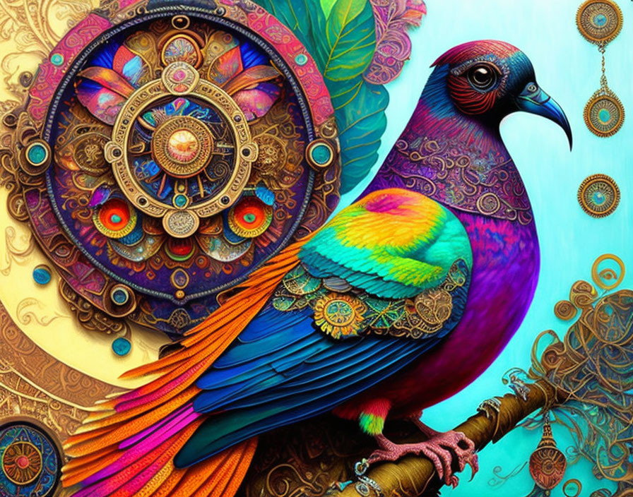 Colorful Bird Illustration with Intricate Patterns and Mandala Background