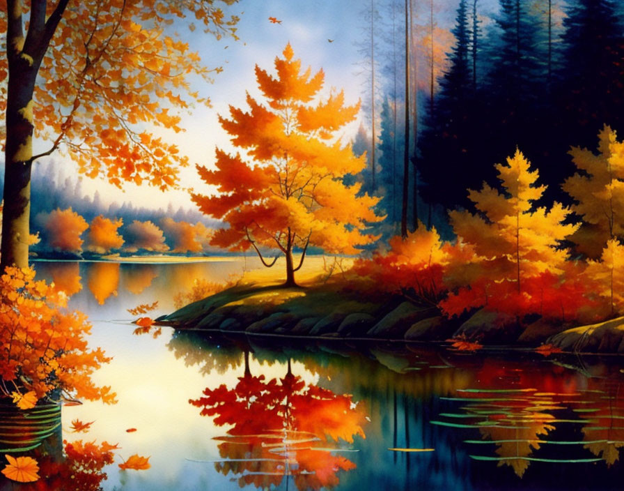 Tranquil forest lake with vibrant autumn foliage reflected in serene water