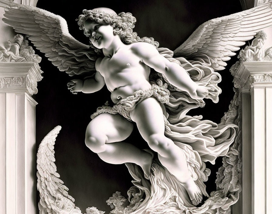 Detailed Angel Sculpture with Spread Wings in Mid-Flight