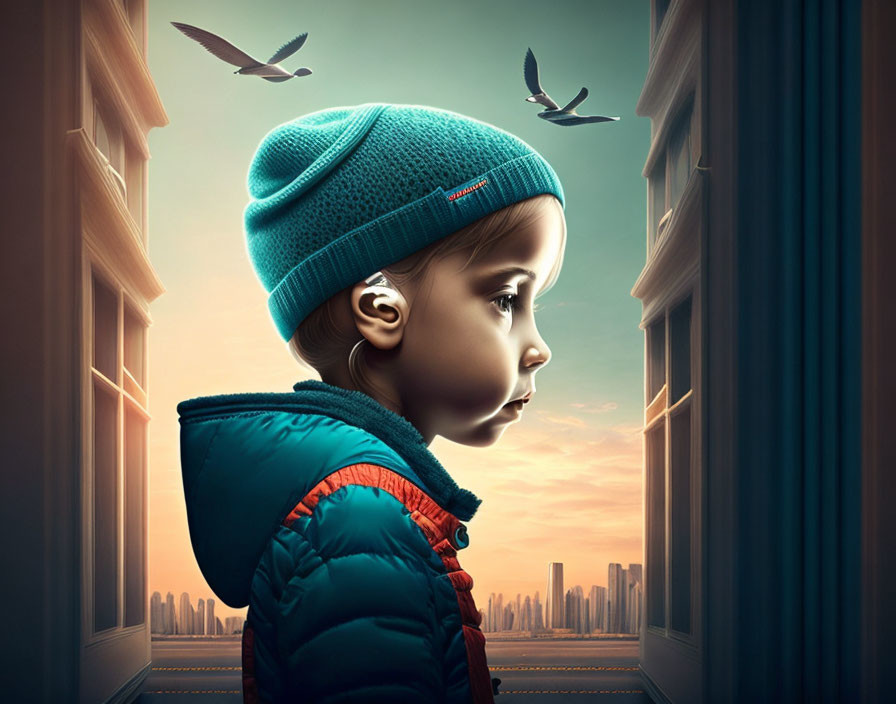 Child in teal knit hat and blue jacket gazes at cityscape with flying birds under twilight sky