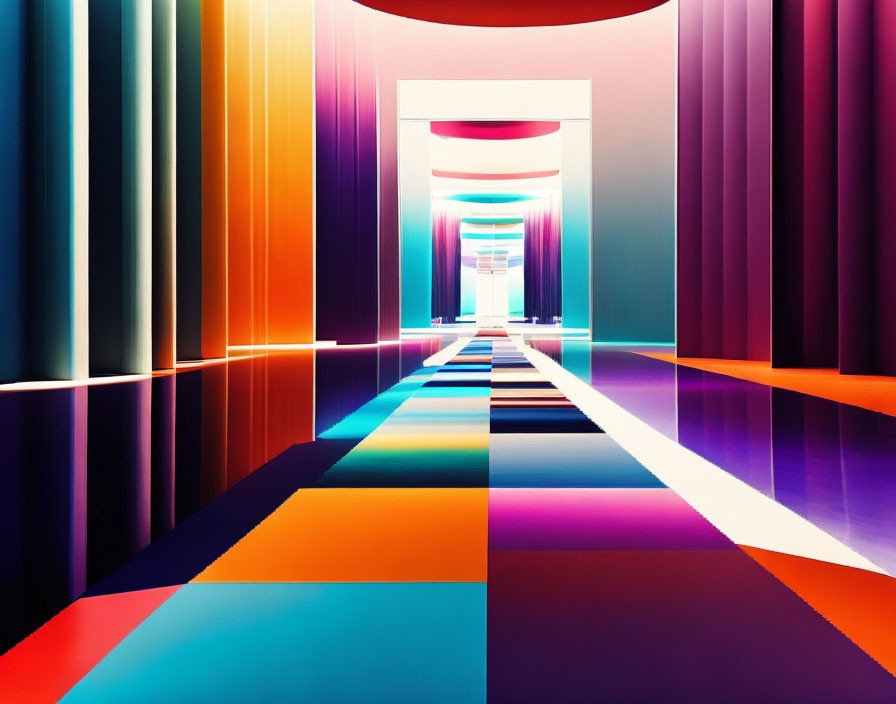 Symmetrical perspective of vibrant, colorful corridor with glossy, reflective floor