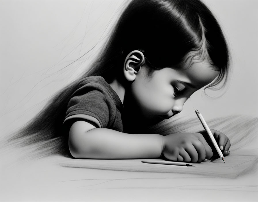 Child Drawing with Pencil on Paper with Determination