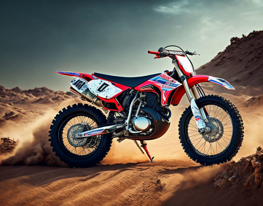 Red and White Motocross Dirt Bike in Desert Landscape