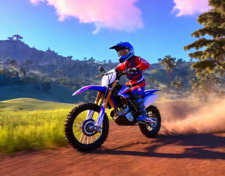 Rider in red and blue gear jumps dirt bike in dusty terrain