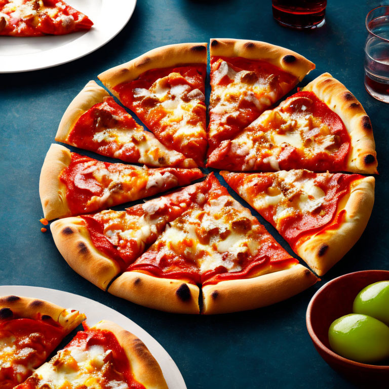 Cheese pizza slice on white plate with red drink and olives