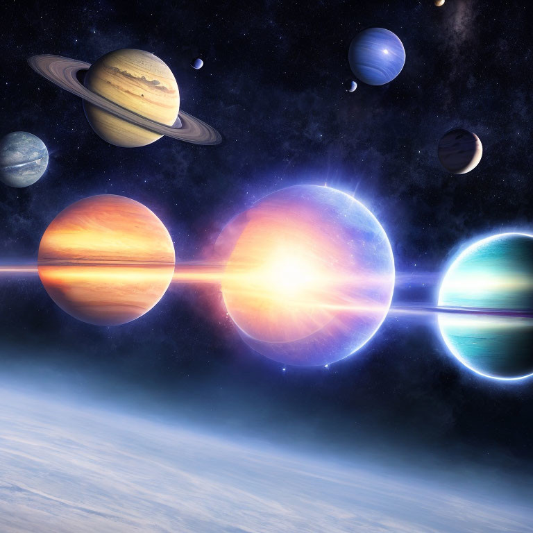 Digital artwork showcasing Saturn and planets against star-filled backdrop