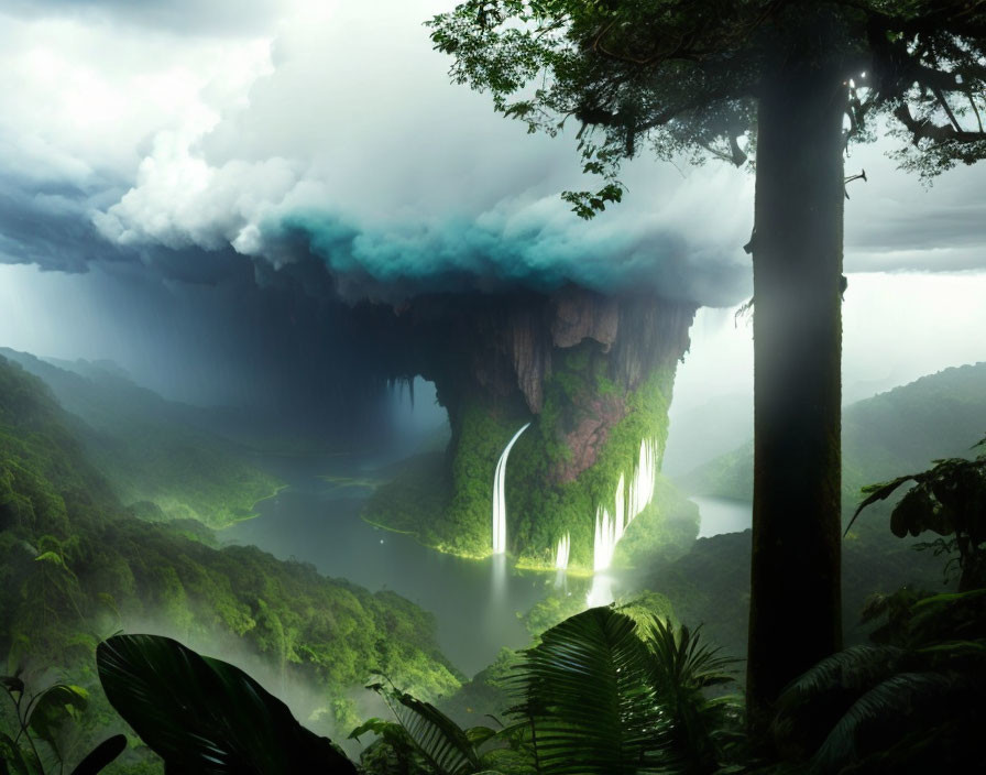 Floating Island with Waterfalls in Lush Forest and Misty Surroundings