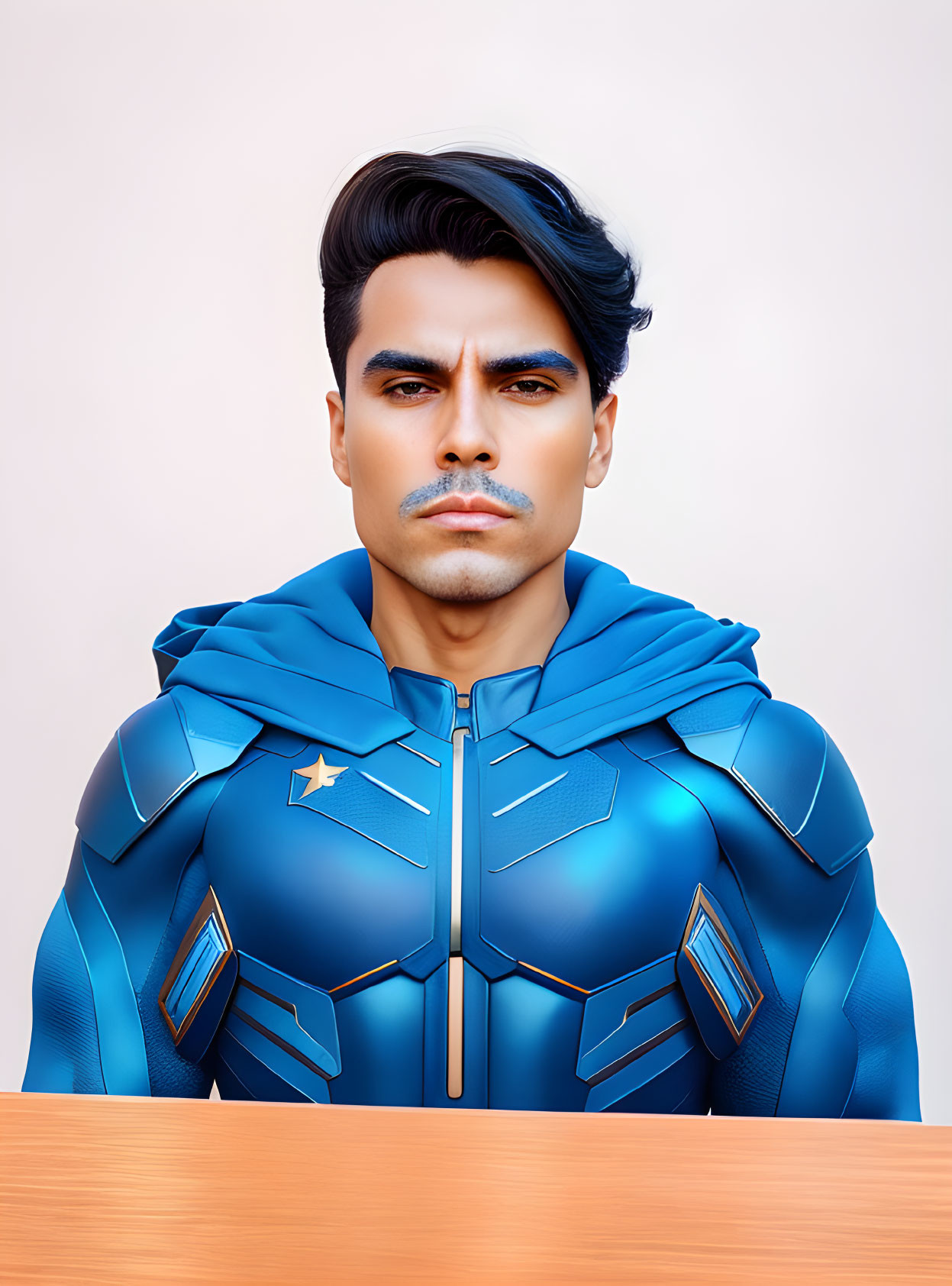 Stern Superhero in Blue Costume at Wooden Table