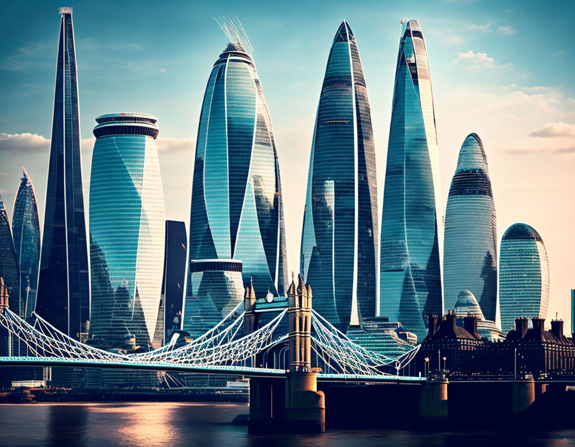 Futuristic city skyline with unique skyscrapers, bridge, and river under blue sky