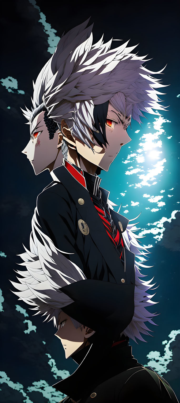 Anime characters with dramatic white and black hair, red eyes, in black uniforms, under moonlit sky