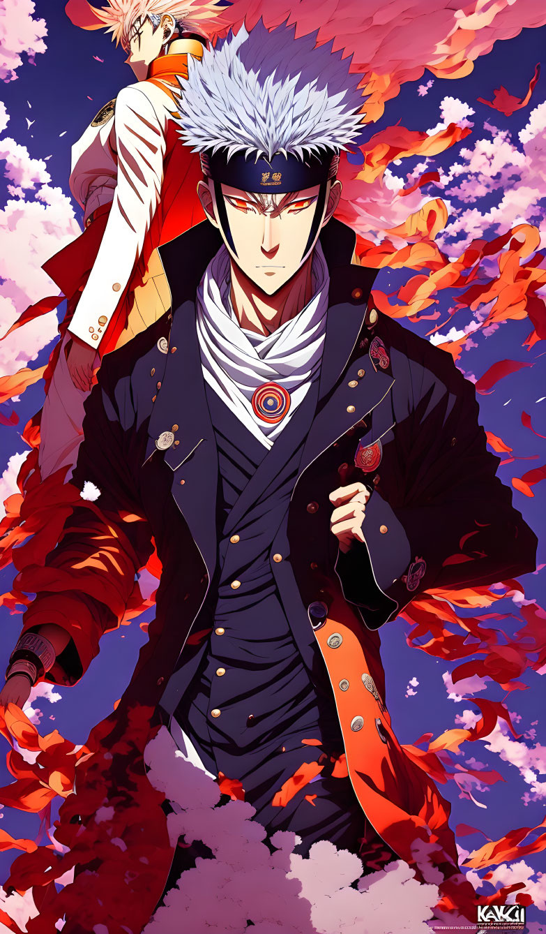 Anime character with spiky silver hair in black coat with red clouds, surrounded by autumn leaves,