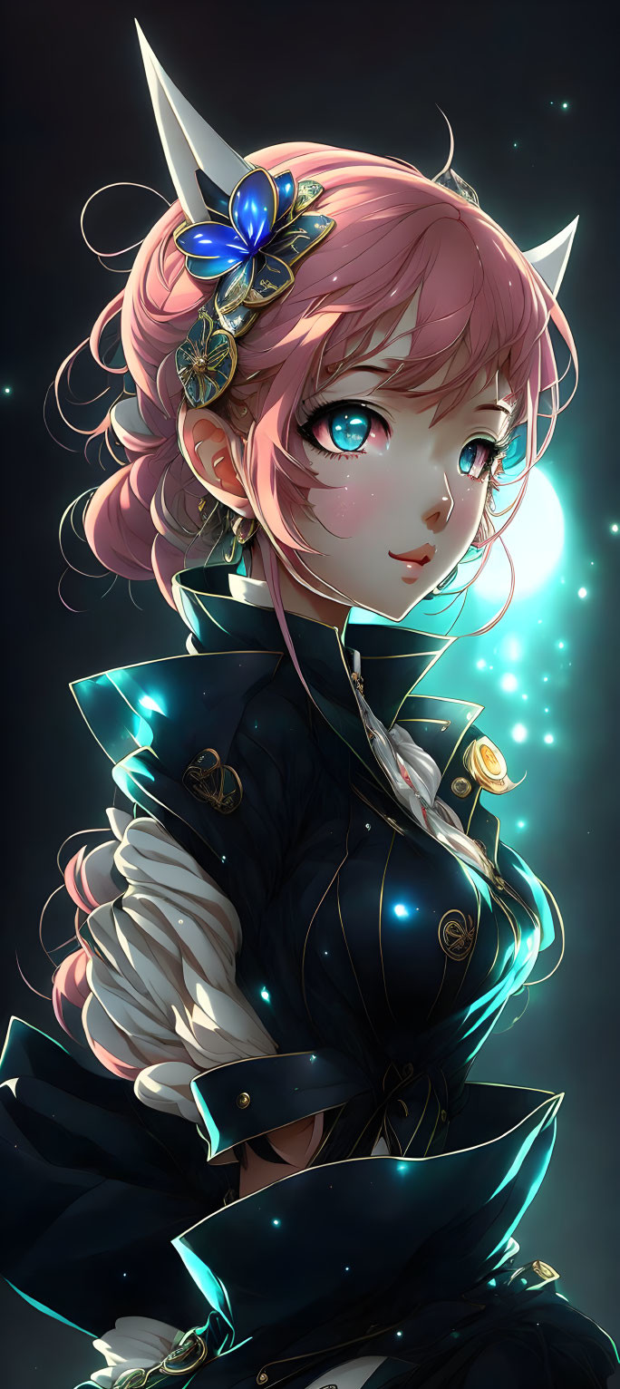 Illustration of female character with pink hair, elfin ears, sparkling eyes, and dark outfit