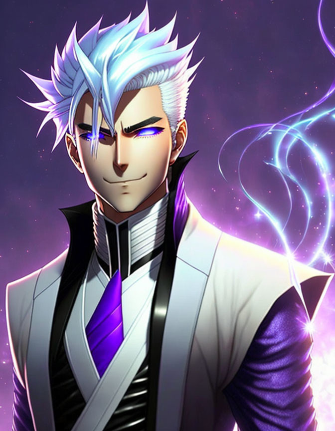 Silver-haired anime character in black and white suit against cosmic backdrop