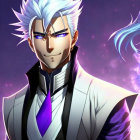 Silver-haired anime character in black and white suit against cosmic backdrop