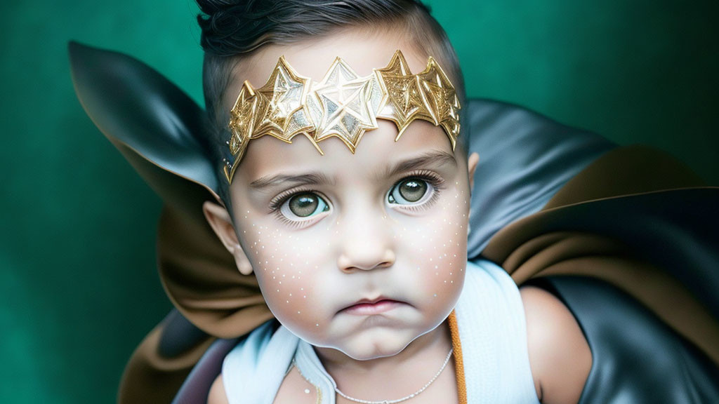 Baby with Elf Ears in Golden Crown and Cape on Green Background