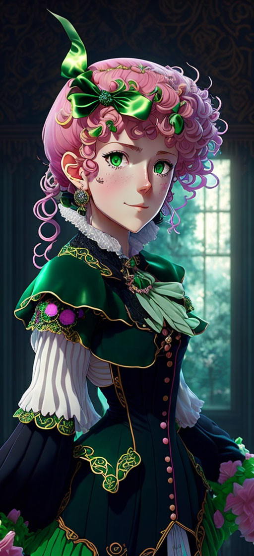 Anime-style character with pink curly hair and green eyes in Victorian dress.