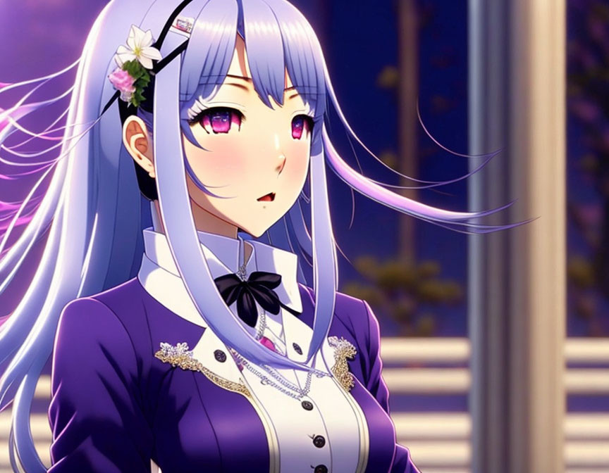 Purple-haired animated character with pink eyes, black bowtie, and floral hair accessories