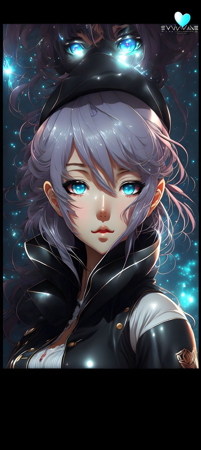 Anime-style character with blue eyes and purple hair wearing a black cap and jacket in starry setting