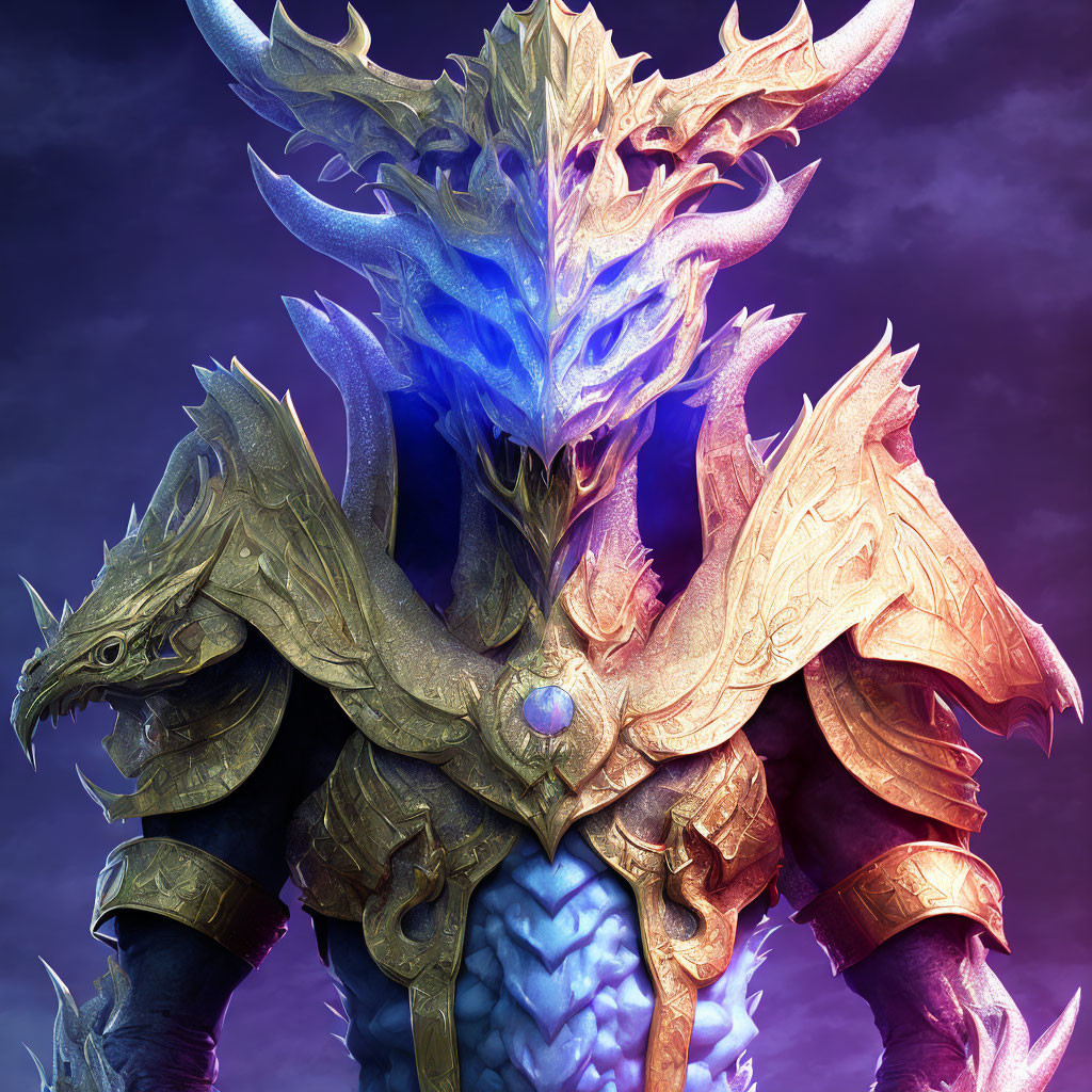 Majestic fantasy creature with golden dragon-head pauldrons and glowing blue crystal chest on dark purple