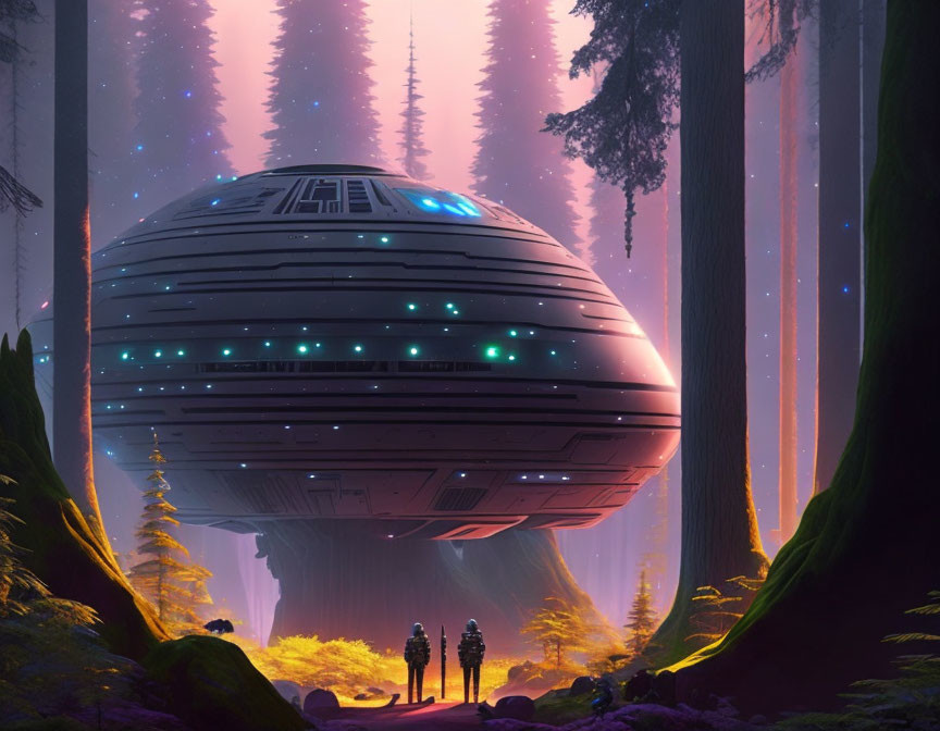 Mystical forest scene with figures and spaceship