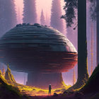 Mystical forest scene with figures and spaceship