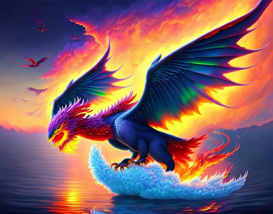 Majestic dragon with fiery wings against vibrant sunset sky