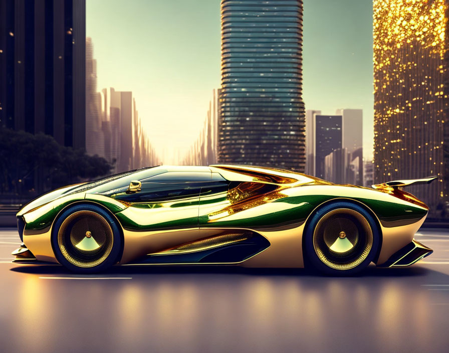 Futuristic green sports car parked on city street at sunset