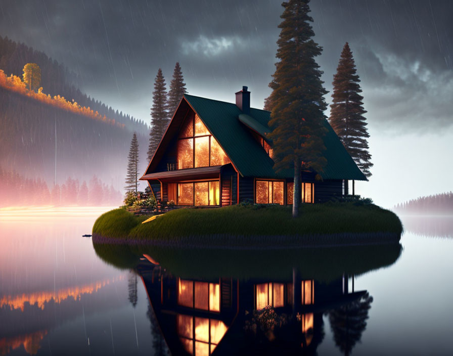 Lakeside cabin surrounded by pine trees on a rainy evening