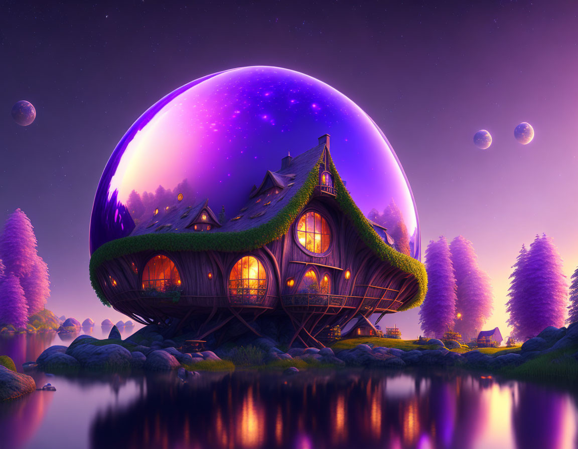 Whimsical fantasy landscape with purple planet, moons, and serene lake