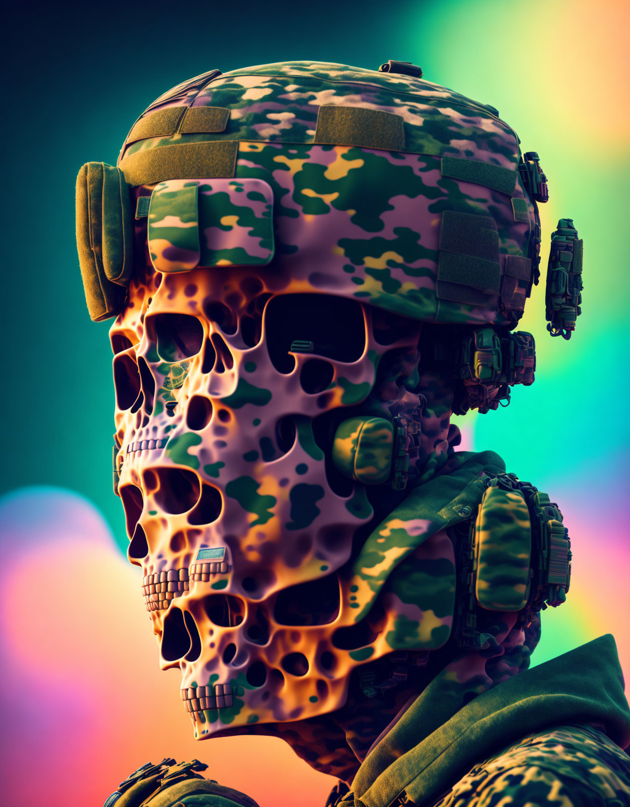 Soldier with skull-like face in camouflage gear on vibrant background