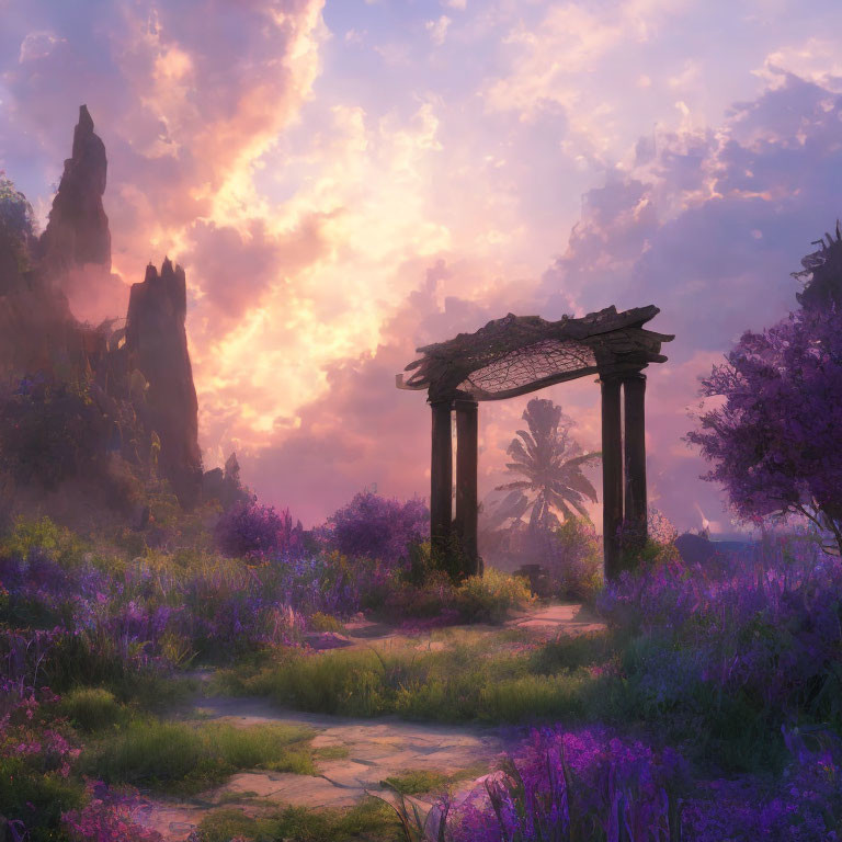 Ethereal landscape with broken archway, purple wildflowers, and dramatic sky.