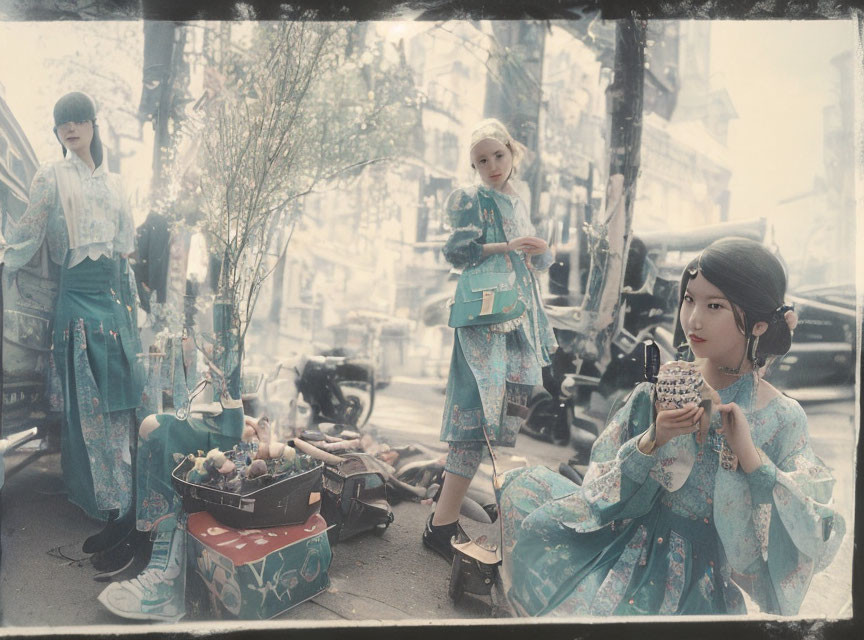 Three Women in Traditional Asian Attire Posing on Street with Vintage Vibe