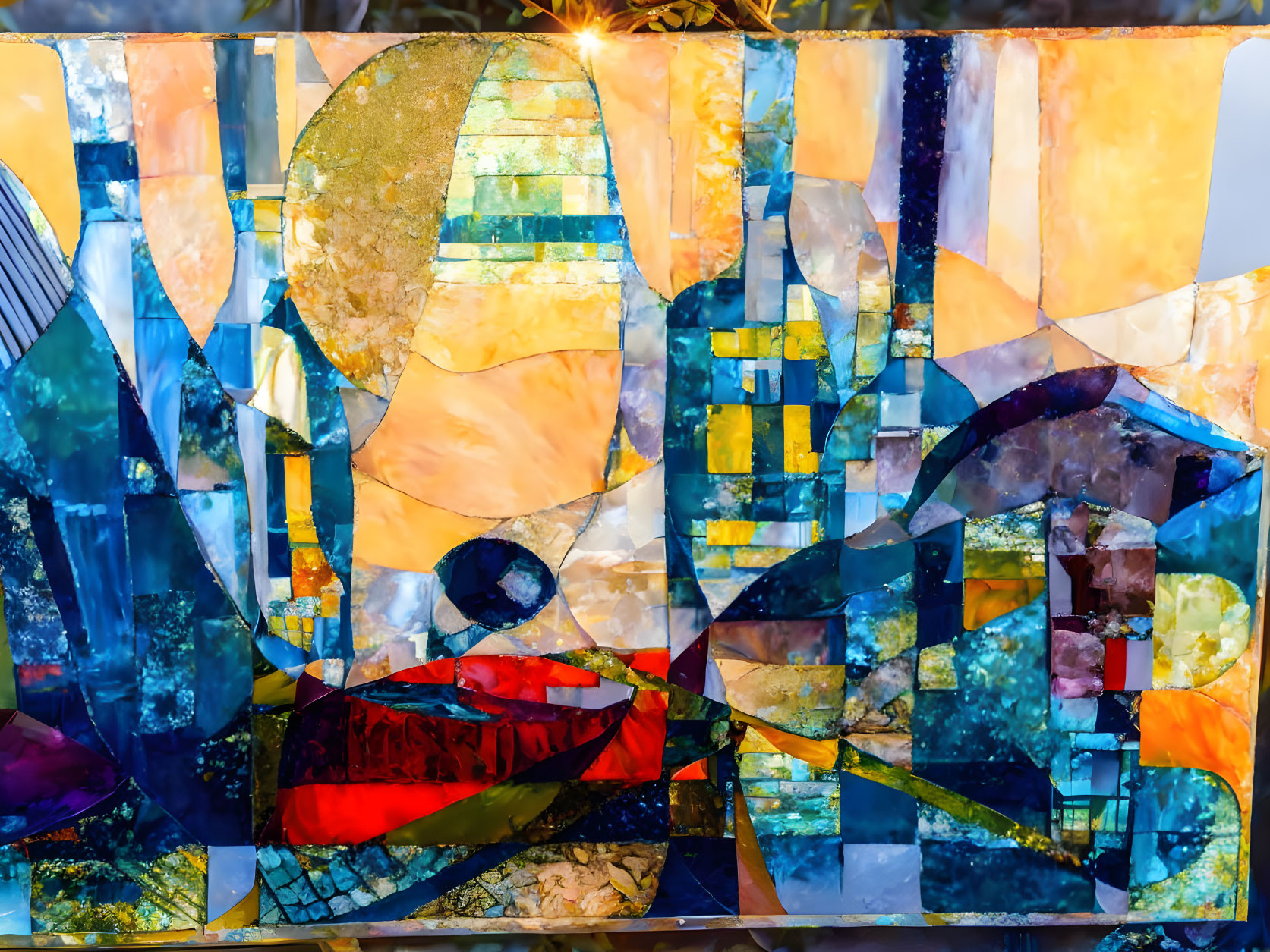 Colorful Abstract Stained Glass Artwork in Blue, Gold & Geometric Shapes