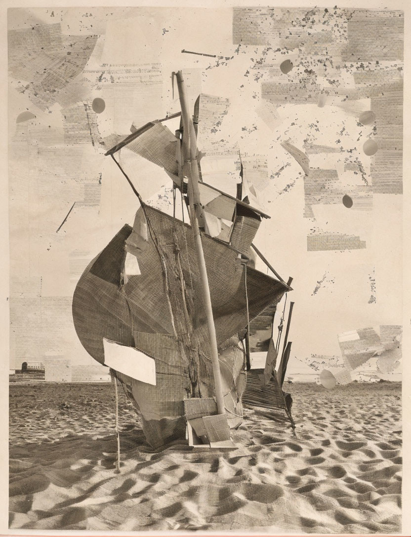 Sepia-Toned Photomontage of Shipwreck on Sandy Beach