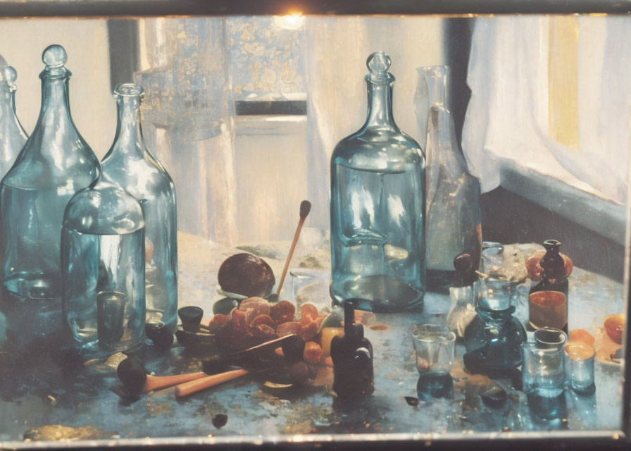 Still Life with Blue Glass Bottles and Assorted Objects