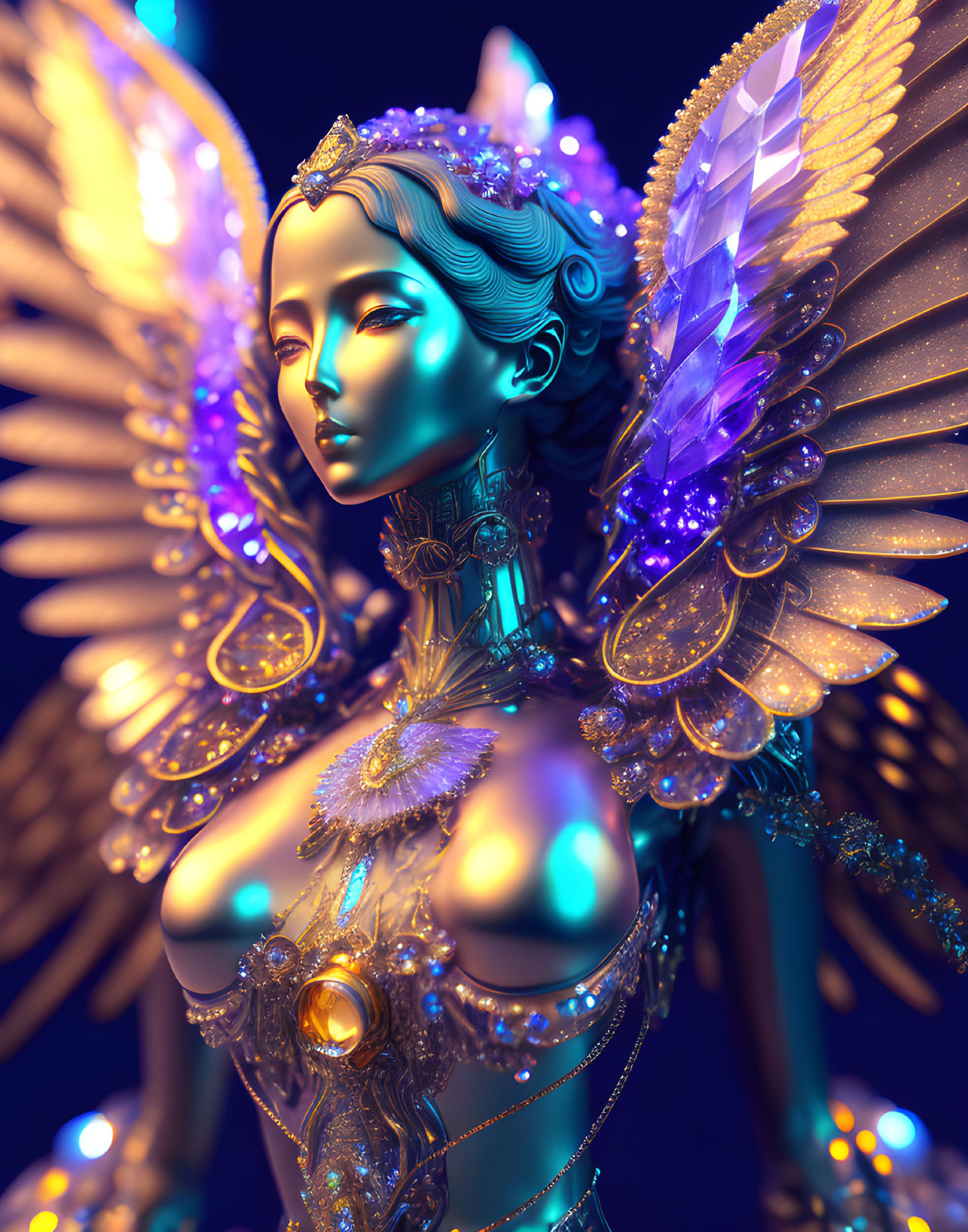 Detailed 3D Illustration of Majestic Female Android with Golden Wings and Jewelry on Blue Background